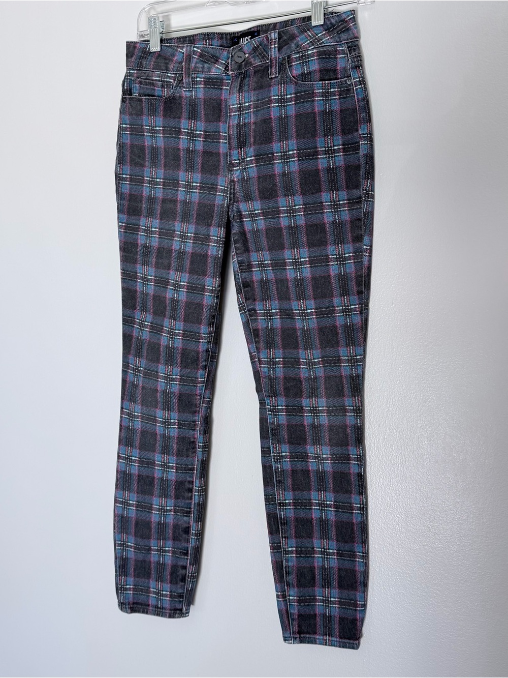 PAIGE Black Plaid Skinny Jeans with Blue & Pink Stripes